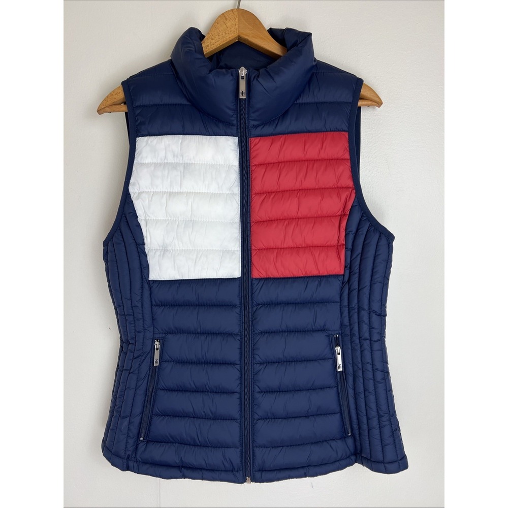 Tommy Hilfiger Colorblock Red White & Blue Full Zip Packable Puffer Vest Medium